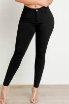 Calça jeans skinny preta casual patchwork sólida cintura alta