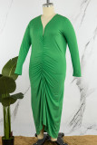 グリーン カジュアル ソリッド フォールド V ネック 長袖 プラス サイズ ドレス