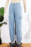 Light Blue Casual Solid Patchwork Pocket Buttons Zipper Low Waist Loose Cargo Denim Jeans
