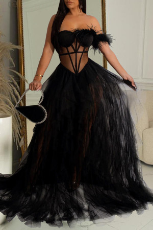 Black Sexy Formal Solid Patchwork See-through Backless Strapless Long Dress Dresses