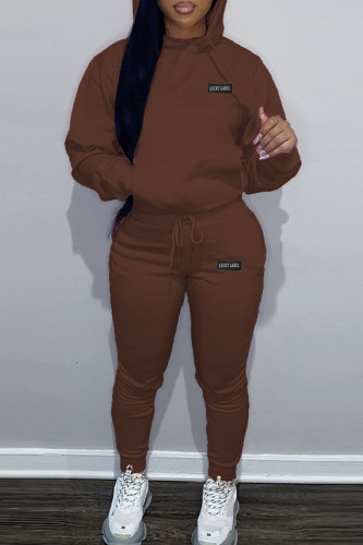 Brown Casual Letter Long Sleeve Draw String Pocket Hooded Collar Sweatshirt And Pants Sportwear Plus Size Two Piece Jogger Set