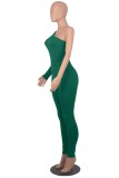 Green Casual Solid Backless Oblique Collar Skinny Jumpsuits