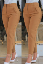 Pantalones de color sólido convencionales de cintura alta ajustados de parches lisos informales de latón antiguo