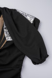 Zwarte sexy patchwork backless split off-the-shoulder avondjurkjurken
