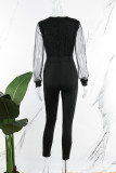 Black Casual Solid Patchwork V Neck Skinny Jumpsuits