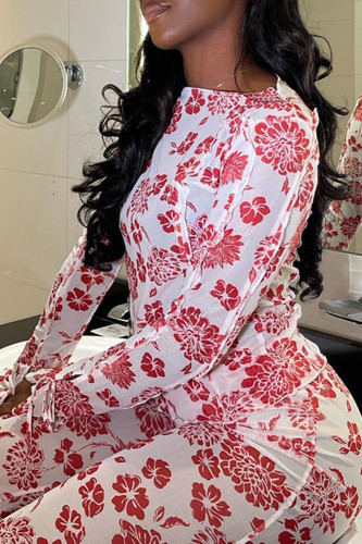 Pink Street Print Patchwork See-through O Neck Long Sleeve Two Pieces