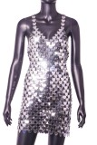 Silbernes sexy Patchwork-Kleid mit ausgehöhltem, rückenfreiem Spaghettiträger und ärmellosem Kleid
