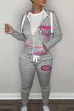 Grey Casual Letter Patchwork Draw String Pocket Zipper Hooded Collar Long Sleeve Two Pieces