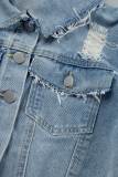 Giacca di jeans regolare a maniche corte con colletto rovesciato patchwork solido casual azzurro