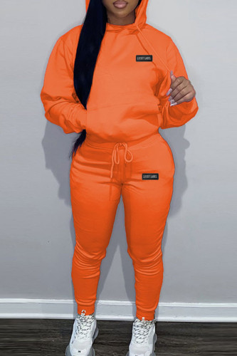 Orange Casual Letter Long Sleeve Draw String Pocket Hooded Collar Sweatshirt And Pants Sportwear Plus Size Two Piece Jogger Set