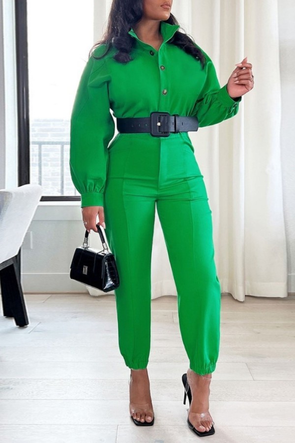 Green Casual Solid Patchwork Turndown Collar Regular Jumpsuits (Without Belt)