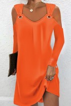 Оранжевые повседневные однотонные платья с V-образным вырезом и длинными рукавами