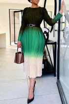Зеленые повседневные платья в стиле пэчворк с постепенным изменением и круглым вырезом с длинными рукавами (без пояса)
