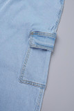Jeans de mezclilla sueltos de cintura baja con cremallera y botones de bolsillo de patchwork liso casual azul oscuro