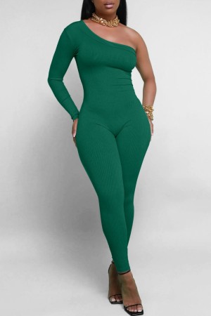 Green Casual Solid Backless Oblique Collar Skinny Jumpsuits