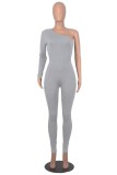 Grey Casual Solid Backless Oblique Collar Skinny Jumpsuits