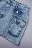 Blå Sexig Street Solid Patchwork Fickknappar Dragkedja Mid midja Vanliga jeanskjolar