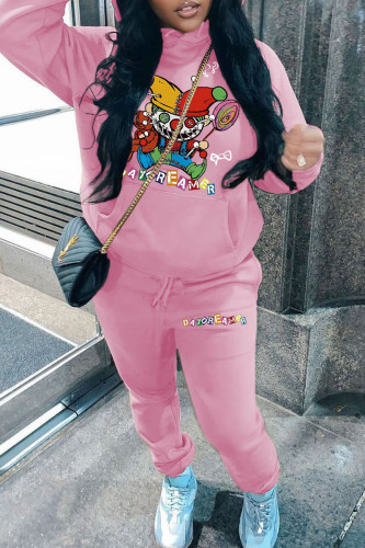 Pink Casual Print Patchwork Draw String Pocket Hooded Collar Long Sleeve Two Pieces