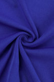 Blauwe casual effen patchwork O-hals wikkelrok plus maten jurken