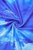 Blå Sexig Street Tie Dye Patchwork utskrift V-hals långärmad två stycken