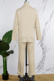 Apricot Casual Solid Cardigan Pants Turn-back Collar Long Sleeve Two Pieces