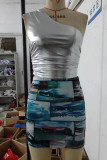 Blu sexy Street Print patchwork piega senza schienale una spalla senza maniche due pezzi