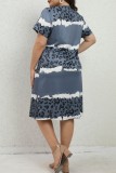 Blue Casual Print Basic V Neck Short Sleeve Dress Plus Size Dresses