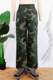 Camouflage Street Camouflage-Druck, Patchwork, Knöpfe, Reißverschluss, gerade, mittlere Taille, gerade, voll bedruckte Hose