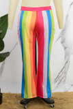 Multicolor Rainbow Casual Striped Print Patchwork Skinny Pants Plus Size Trousers