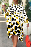 Zwart grijze mode print polka dot patchwork asymmetrische off-shoulder rechte jurken