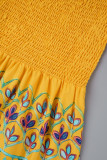Robe longue dorée décontractée à imprimé patchwork, épaules dénudées