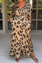 Leopard Print Casual Print Leopard Patchwork V Neck Long Dress Dresses