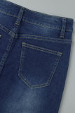 Темно-синие повседневные джинсовые юбки с жемчугом и высокой талией в стиле пэчворк