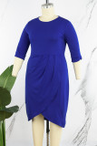ブルーカジュアルソリッドパッチワークOネックラップスカートプラスサイズドレス
