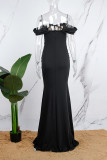 黒のセクシーなパッチワーク バックレス スリット オフショルダー イブニング ドレス ドレス