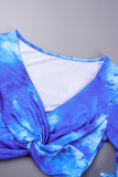 Blau Sexy Street Tie Dye Patchwork Druck V-Ausschnitt Langarm Zweiteiler
