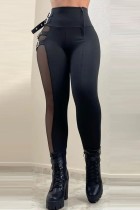 Calça preta casual sólida patchwork skinny cintura alta convencional cor sólida