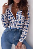 Blue White Casual Print Patchwork Shirt Collar Tops