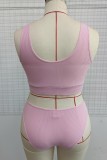 Conjunto de ropa interior de talla grande con cuello en U sin espalda y ahuecado sólido sexy rosa