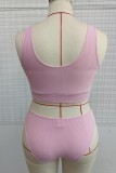 Pink Sexy Solid Hollowed Out Backless U Neck Plus Size Underwear Set