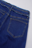 Jeans in denim regolare a vita alta con patchwork solido blu scuro