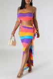 Multicolor Sexy Casual Striped Print Backless Slit Strapless Sleeveless Two Pieces