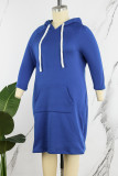 Синие повседневные однотонные базовые платья больших размеров с воротником с капюшоном и длинными рукавами