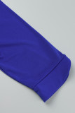 Blauwe casual effen patchwork O-hals wikkelrok plus maten jurken