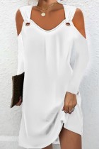 Белые повседневные однотонные платья с V-образным вырезом и длинными рукавами