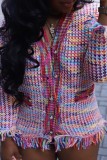 Multicolor Casual Patchwork Weave V Neck Outerwear (Subject To The Actual Object)
