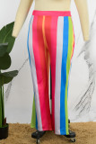 Multicolor Rainbow Casual Striped Print Patchwork Skinny Pants Plus Size Trousers
