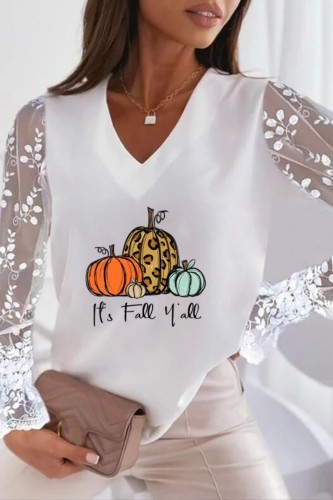 White Orange Casual Print Patchwork V Neck Tops
