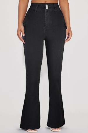 Black Casual Solid Patchwork High Waist Flare Leg Skinny Denim Jeans