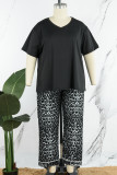 Black Living Print Leopard Basic V Neck Plus Size Pajamas Two Piece Set